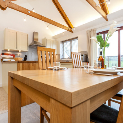 Beams over kitchen dining space