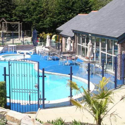 Looking down towards the outdoor pool and restaurant