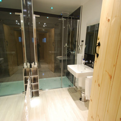 Designer bathroom with chromotherapy shower.